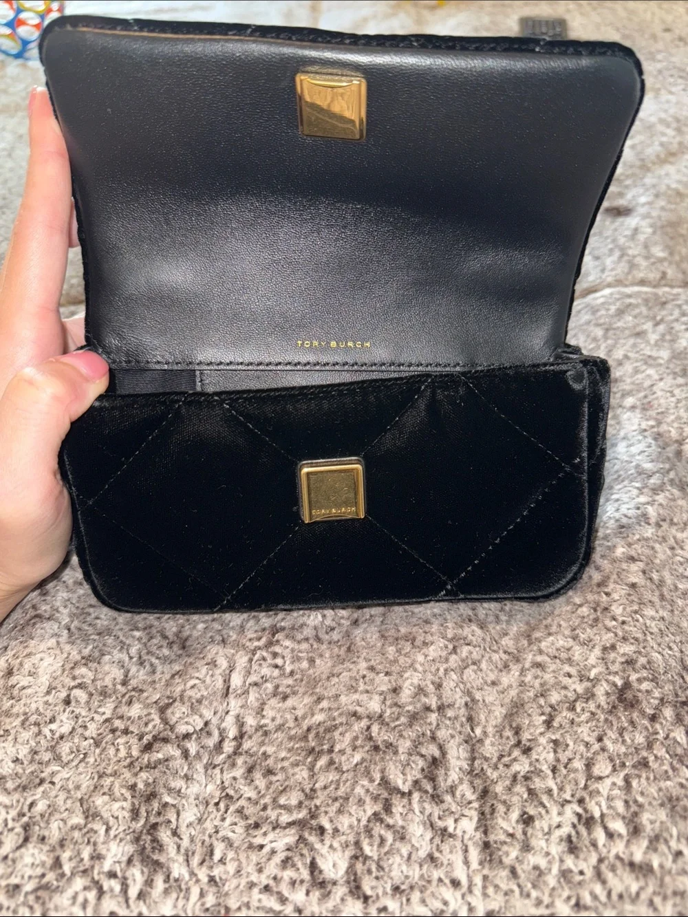 Tory Burch Black Velvet Quilted Crossbody with Gold Chain